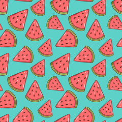 Watermelon vector seamless pattern. Ripe fruit pieces, halved and sliced. Fresh organic fruit illustration on green background for print,  fabric, swatch. Healthy vegan food