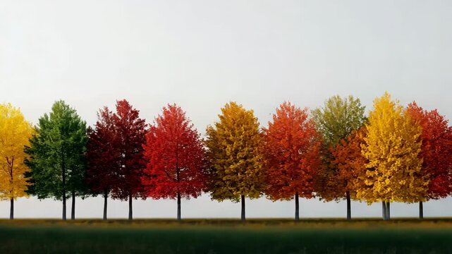 A row of trees stand tall in a field, their leaves turning vibrant shades of red, yellow, and green as the season changes