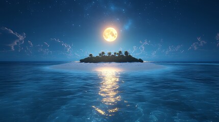 A small, tropical island with palm trees sits in the middle of the ocean at night, bathed in the light of a full moon.