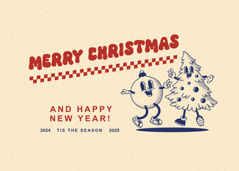Merry Christmas and Happy New year smiling pine tree and decoration ball in trendy retro cartoon style