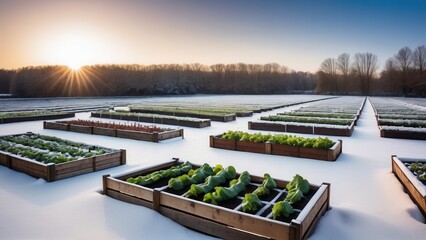 A serene Rural winter landscape showcases a snow-covered garden where vibrant lettuce grows in raised beds. The peaceful winter morning and frosted surroundings enhance the contrast between the green 
