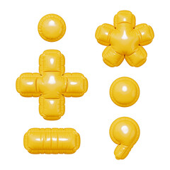 Punctuation marks: dot, comma, plus, minus or dash, asterisk. Symbols in the shape of a balloon, isolated on a transparent background. Inflatable balloon of bright yellow color with a glossy texture.
