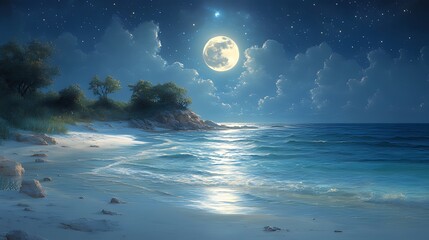 A serene nightscape featuring a full moon rising over a tranquil beach with gentle waves lapping at the shore. The sky is filled with twinkling stars.