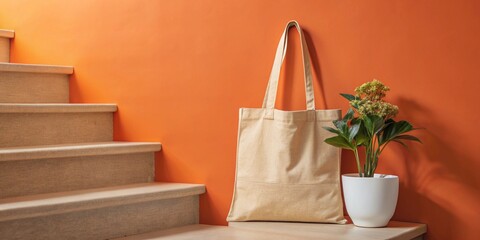 Bolsa de tela en escaleras. Minimalista.