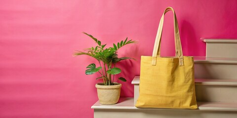 Bolsa de tela en escaleras. Minimalista.