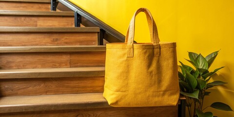 Bolsa de tela en escaleras. Minimalista.