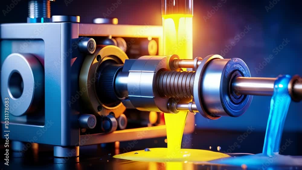 Poster close up of mechanical device with yellow fluid and blue water flowing through machinery, showcasing