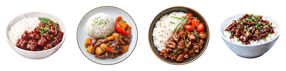 Fototapeta premium A selection of various rice dishes featuring colorful vegetables and sauces, showcased in contrasting bowls against a dark background.