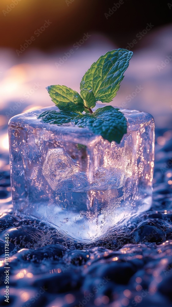 Poster A close-up of an ice cube with a mint leaf on a textured surface.