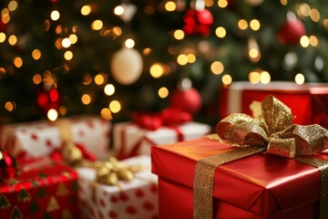 Obraz premium Brightly wrapped Christmas presents arranged in front of a sparkling tree filled with colorful ornaments during the holiday season