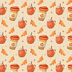 Seamless pattern featuring pumpkin spice latte in paper cups and mugs, adorned with autumn leaves and twinkling stars. Vector illustration for seasonal designs, cozy fall themes, and festive packaging