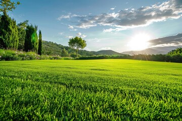 Obraz premium lush, green lawn with a beautiful sunlit landscape of trees and hills in the background