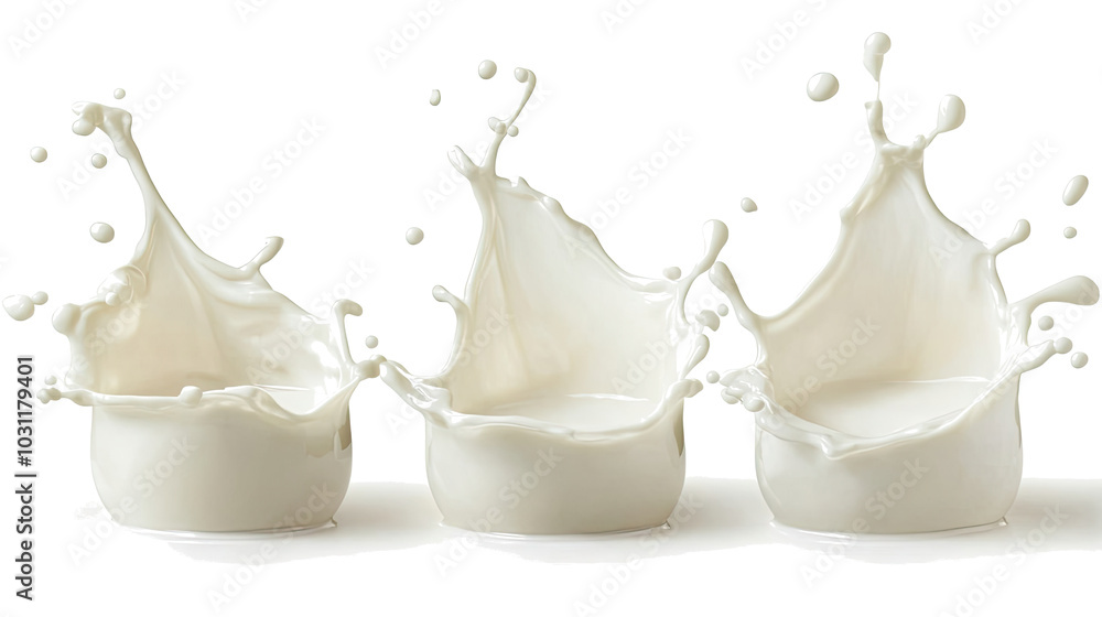 Poster dynamic milk splashes captured against a clean white background generative ai