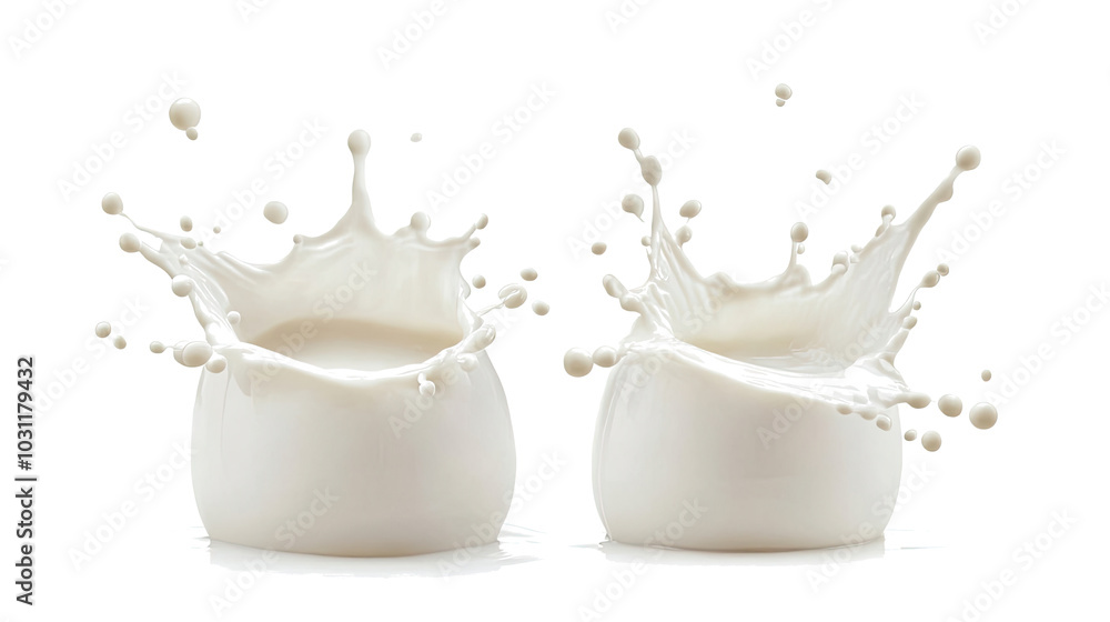 Poster dynamic milk splashes on white objects generative ai