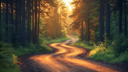 Obraz premium A winding dirt road through a dense forest, bathed in the golden light of the setting sun.