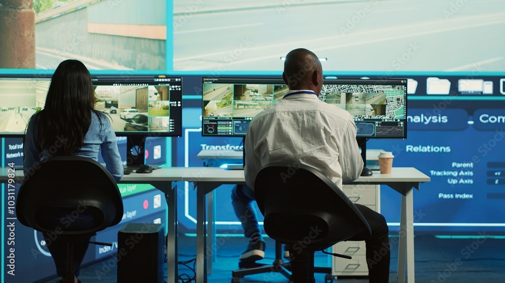 Poster diverse employees working on examining real time surveillance footage to find irregularities within 