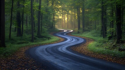 Obraz premium A winding road through a misty forest with sunlight filtering through the trees.
