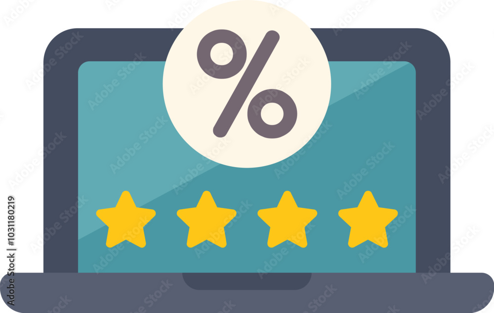Poster laptop displaying a five star rating and a discount percentage symbol, perfect for representing posi