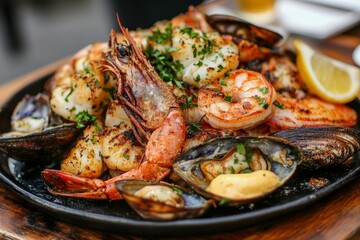 Enjoying a fresh seafood platter featuring shrimp, mussels, and calamari at a coastal restaurant during sunset