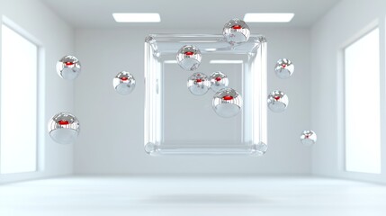 Abstract scene with floating spheres and a transparent cube.
