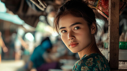 Obraz premium Beautiful young asian woman posing outdoors at a market stand