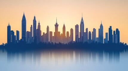 Fototapeta premium City skyline silhouette at sunrise with reflective water.