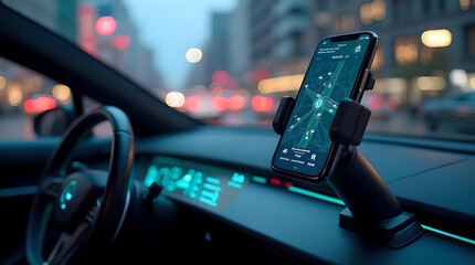on the road autonomous futuristic car dashboard smartphone mobile holder using navigation GPS maps system concept with HUD and hologram screens and infotainment app user interface as wide banner 