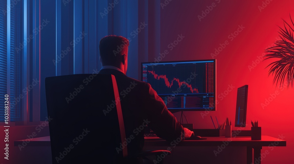 Poster a businessman analyzing financial data on a computer screen in a modern office environment with colo