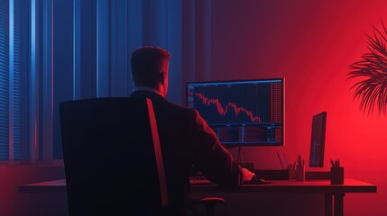 A businessman analyzing financial data on a computer screen in a modern office environment with colorful lighting.