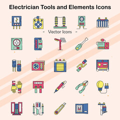 Icons representing tools and equipment used by electricians.