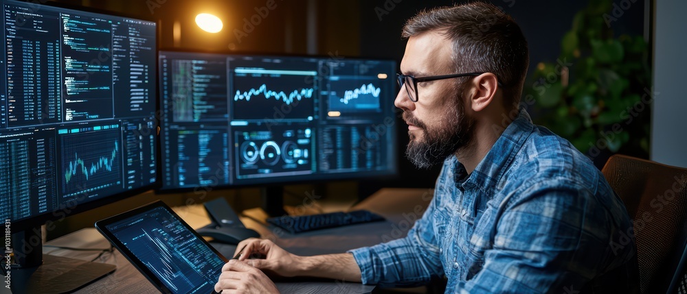 Poster a focused man analyzing data on multiple screens in a modern office setting.