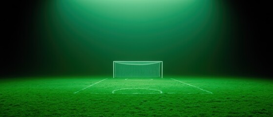 A football goalpost illuminated in vibrant green light on a lush field, creating a dramatic atmosphere for the game.