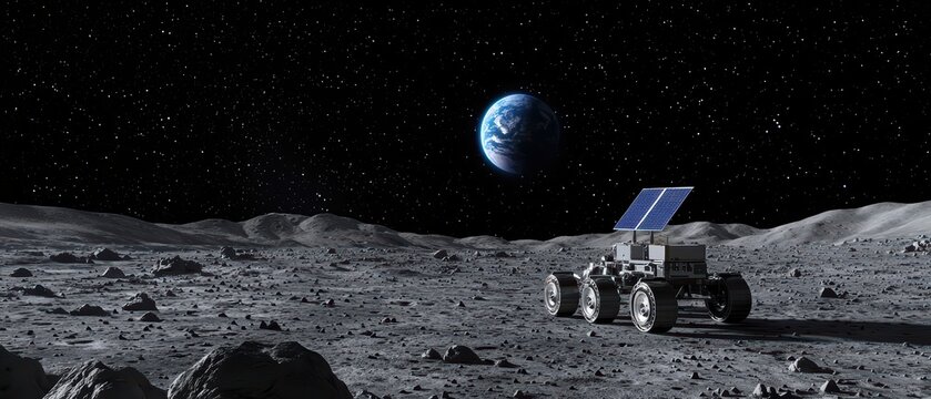 A lunar rover exploring the moon's surface with Earth visible in the background against a starry sky.