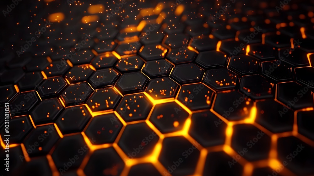 Poster glowing orange hexagonal pattern with scattered sparks