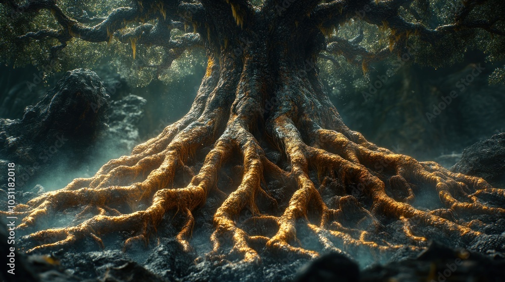 Poster a majestic tree with intricate roots in a mystical forest setting.