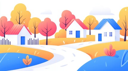 A vibrant, colorful illustration of a serene village landscape with trees and houses, perfect for autumn themes.