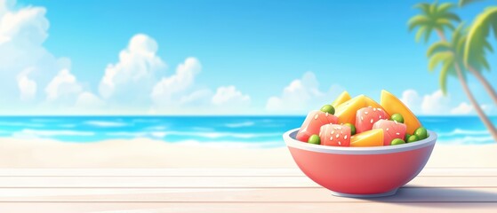 Obraz premium A vibrant bowl of fresh fruit set on a beachside table with a blue ocean background and palm trees.