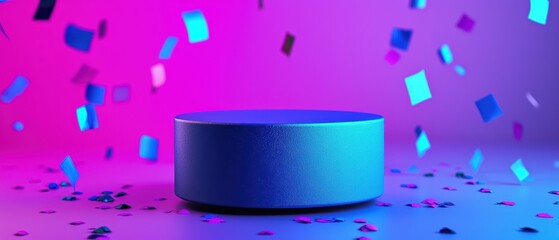 A vibrant blue podium surrounded by colorful confetti against a gradient background, perfect for celebrations.