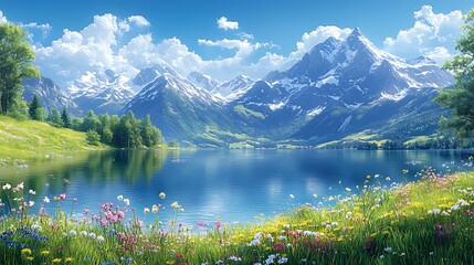 Fototapeta premium A picturesque mountain lake reflecting the snow-capped peaks, with a vibrant field of wildflowers in the foreground.