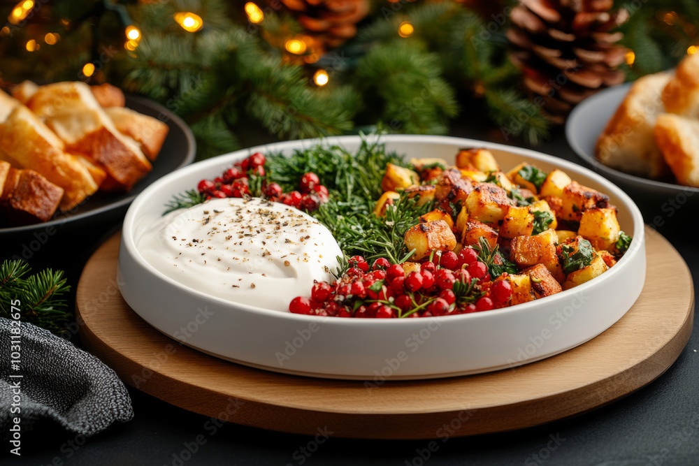 Wall mural roasted potato dish with yogurt dip and holiday garnish