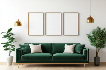 Stylish living room with a green velvet sofa, blank framed wall art, golden lights