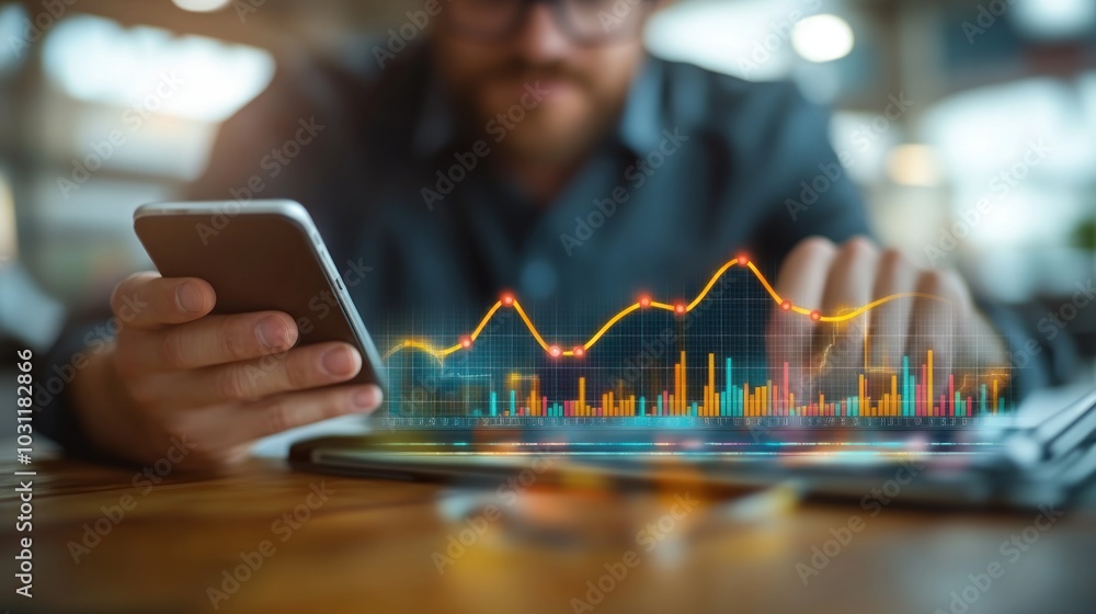 Poster person analyzing data on a smartphone with graphical overlay.