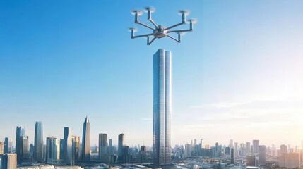 Fototapeta premium Drone flying over a modern skyscraper in an urban landscape against a clear blue sky.