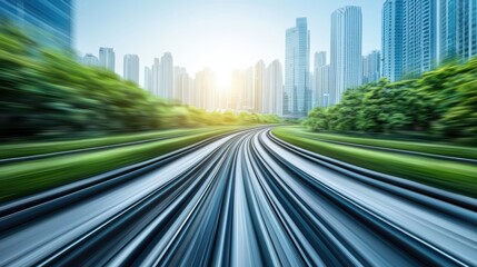 Fototapeta premium Dynamic view of train tracks leading into a modern city with lush greenery and sunlight glowing behind towering skyscrapers.