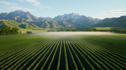 Fototapeta premium Expansive vineyard landscape with misty mountains in the background, showcasing rows of lush green plants under a clear sky.