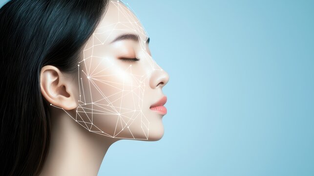 Digital representation of a woman's profile with a network overlay on her face, showcasing modern technology and beauty.