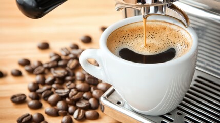 Freshly brewed espresso pouring into a white cup with coffee beans scattered on a wooden surface, inviting and aromatic.