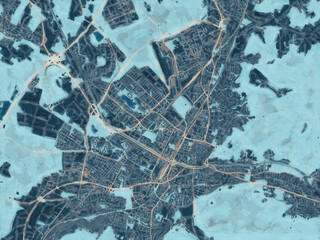 Painterly Style City Map of Freiburg im Breisgau, Germany in a Blue Color Scheme.