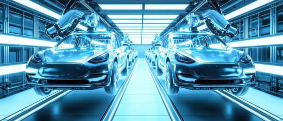 Obraz premium Futuristic automotive assembly line with robotic arms assembling electric cars in a high-tech environment.