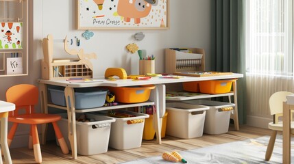 A brightly colored kids' playroom with a wooden table, chairs, and colorful storage bins.